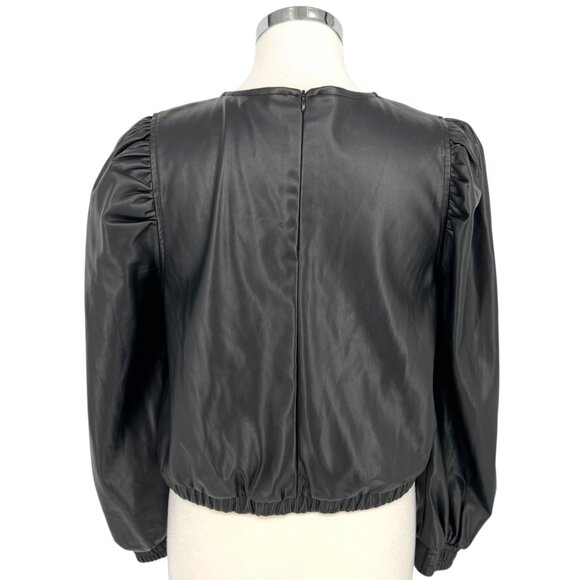 Zara Womens Black Faux Leather Long Puff Sleeve Drawstring Top Size Large - Picture 6 of 10